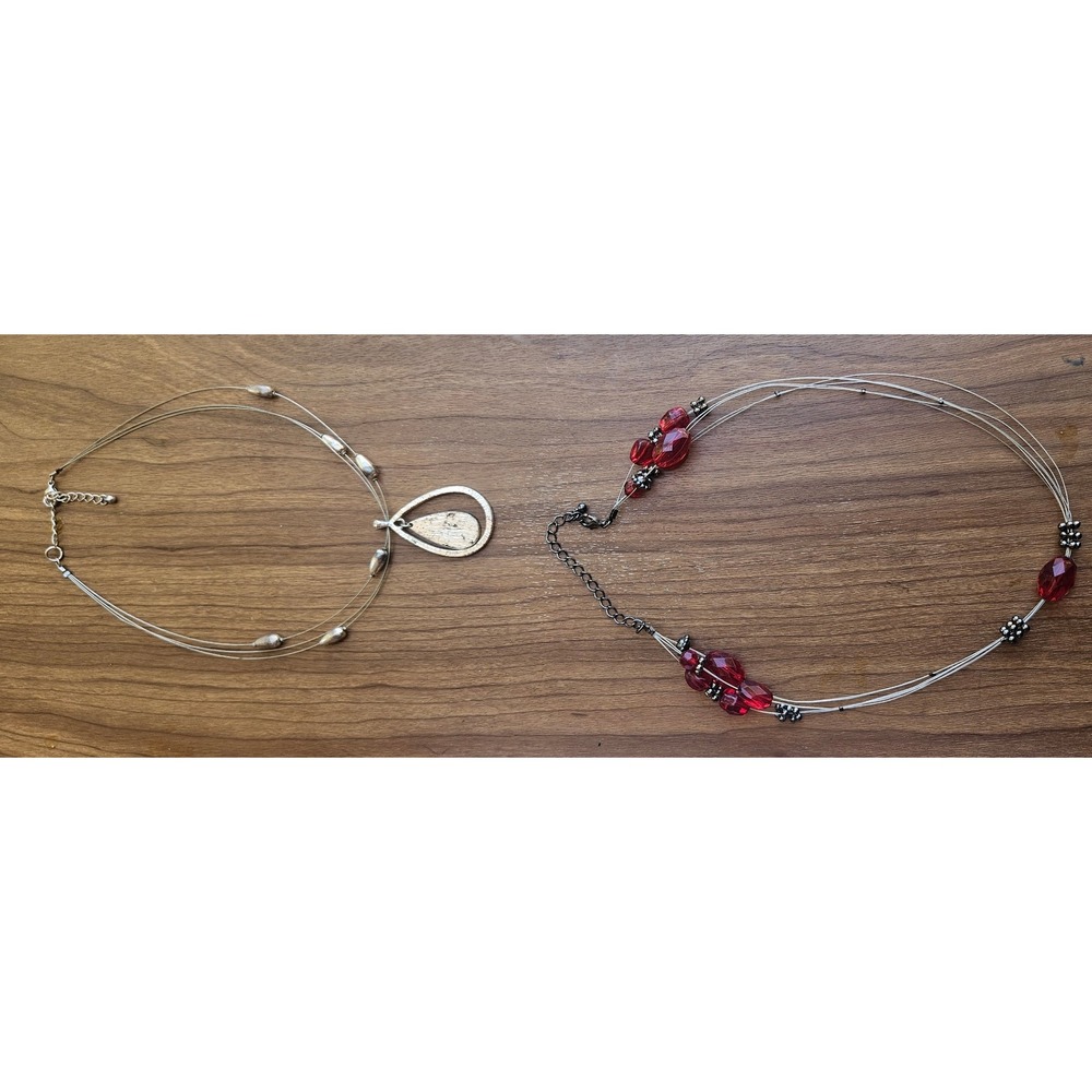 Two‎ Strand Necklace Set Silver Tone & Red Bead Multi Strand Teardrop Pendant